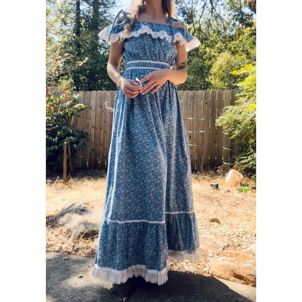 Gunne Sax look alike handmade prairie maxi dress ditsy floral blue xs